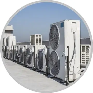 A row of outdoor HVAC units in a circular image from Air Authority’s website