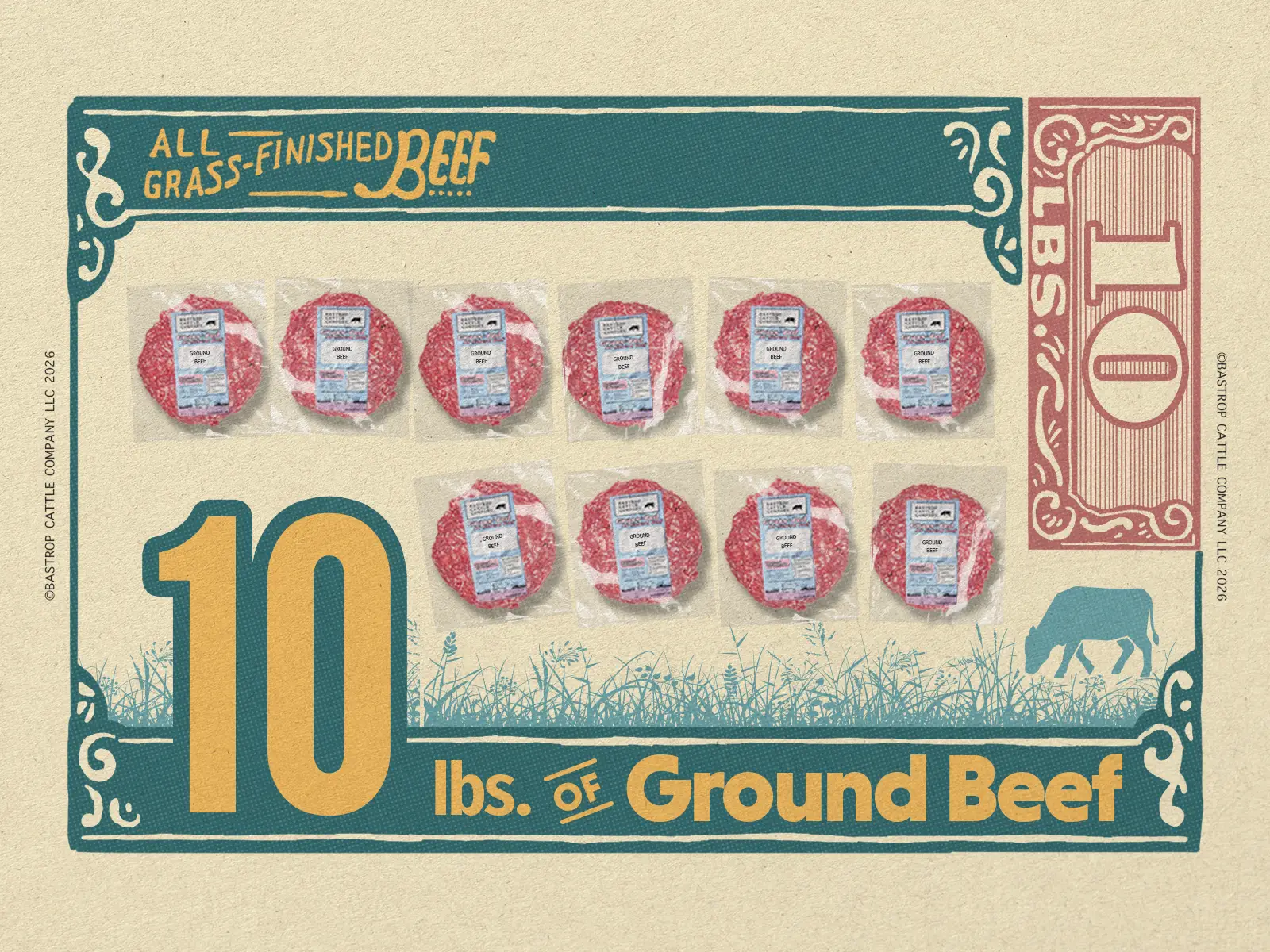 Bastrop Cattle Company’s 10 lb ground-beef bundle graphic showing ten sealed packs