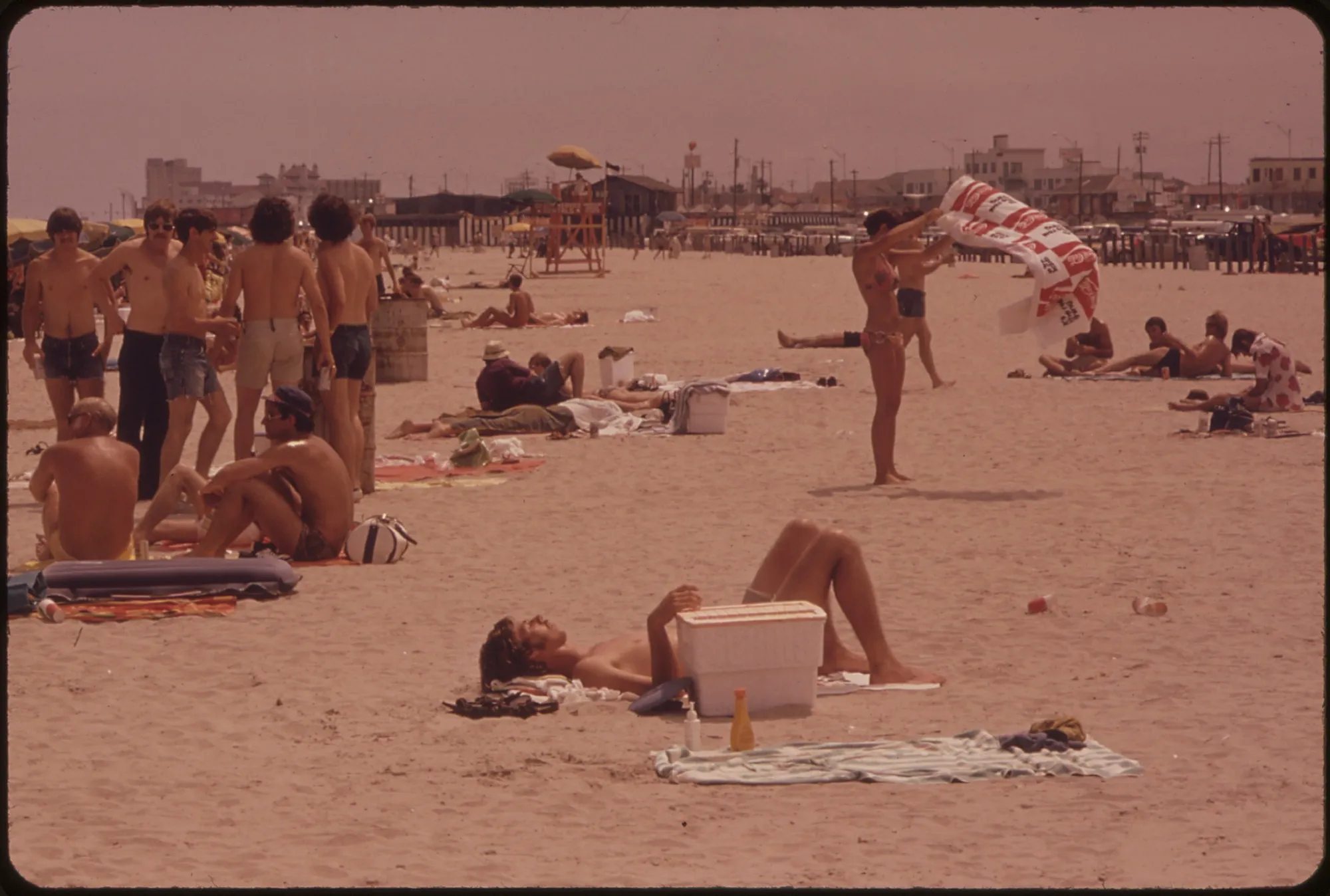 Families sunbathing and playing on Stewart Beach in Galveston in 1973