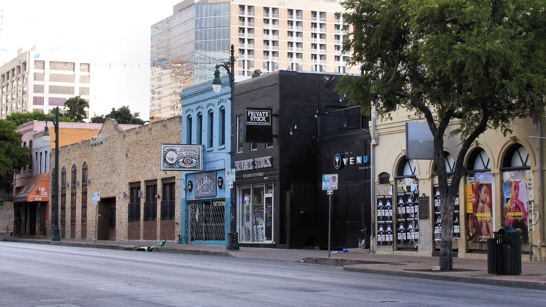 Historic brick storefronts along the 500 block of East Sixth Street in Austin