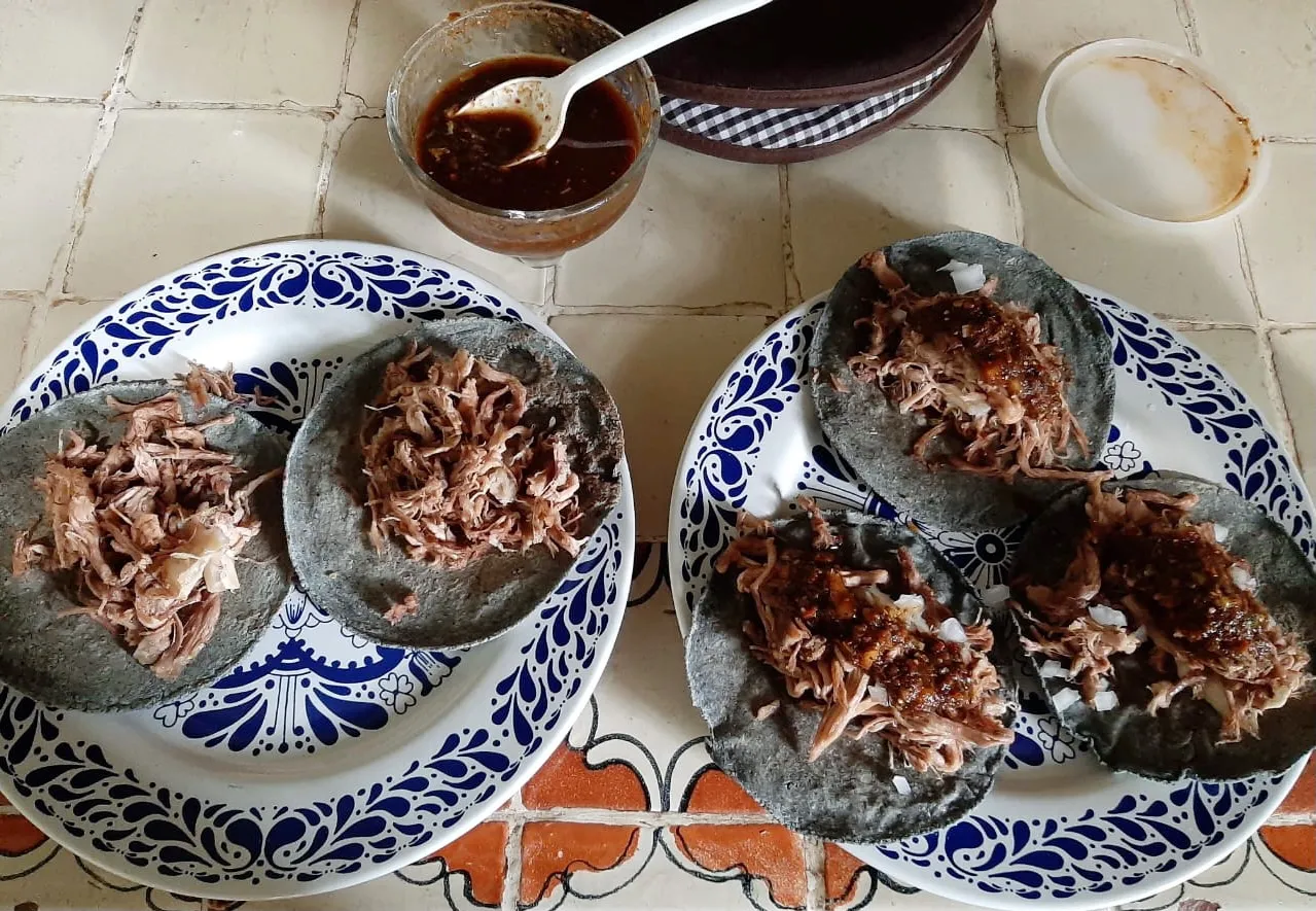 Barbacoa tacos in blue corn tortillas on two plates