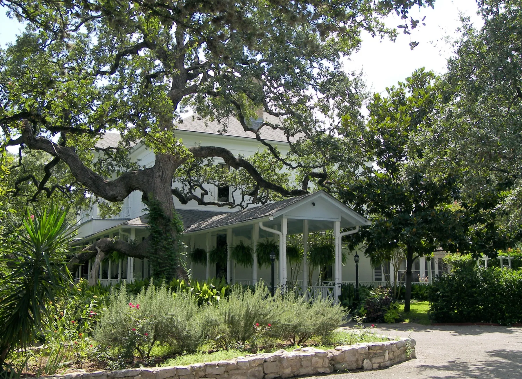 The white columned farmhouse at Green Pastures in South Austin, surrounded by live oaks