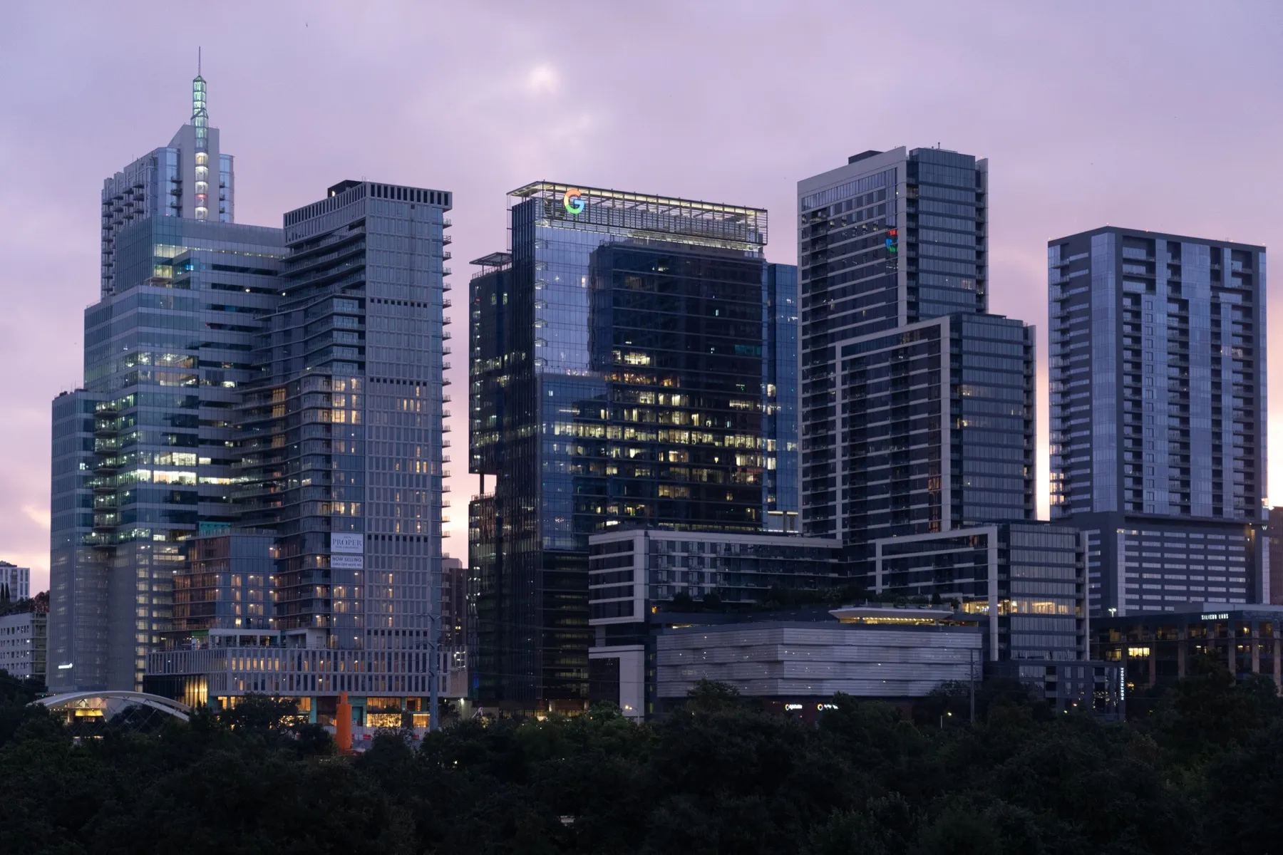 The downtown Austin skyline at sunrise