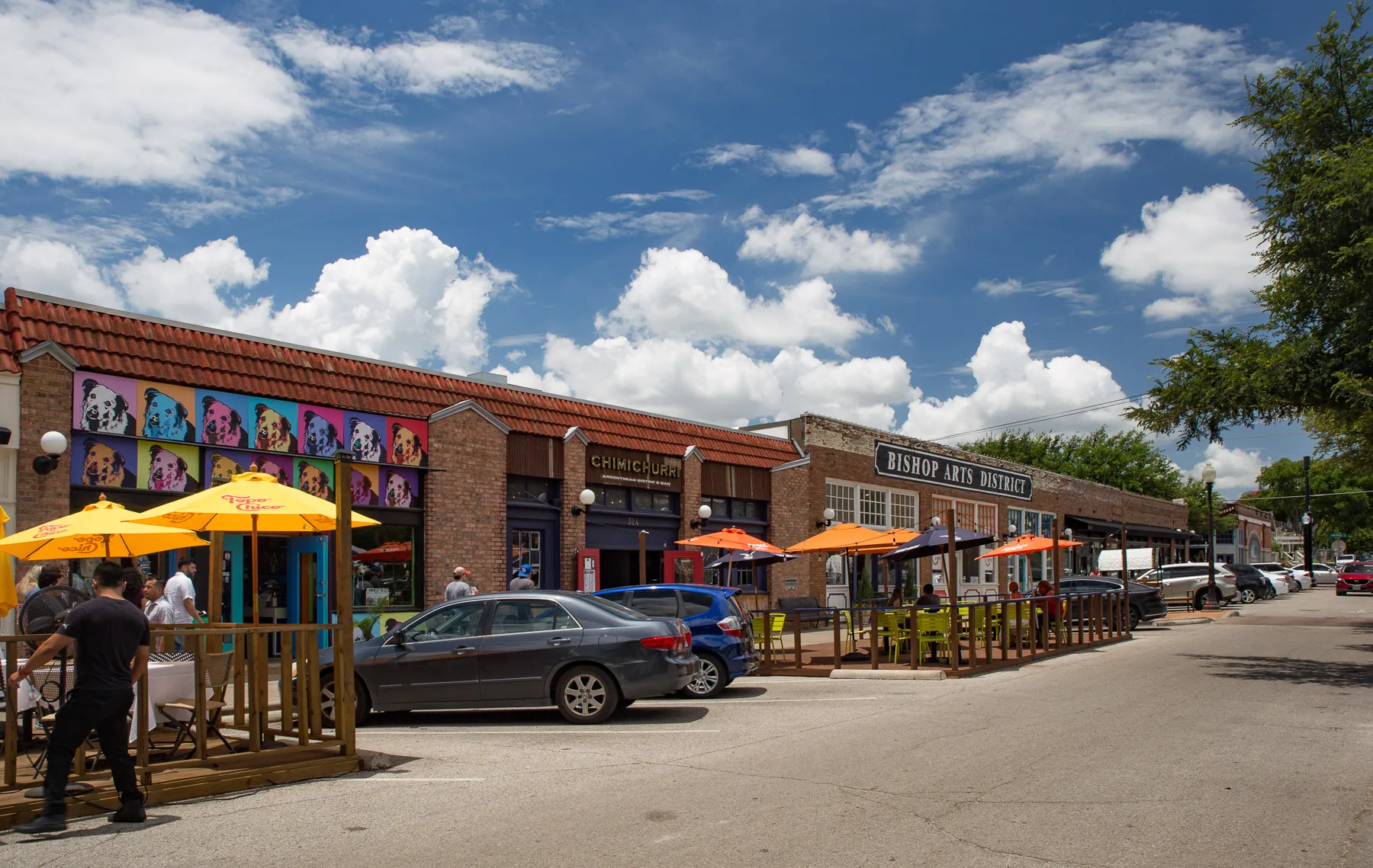 Low brick storefronts along North Bishop Avenue in the Bishop Arts District of Dallas