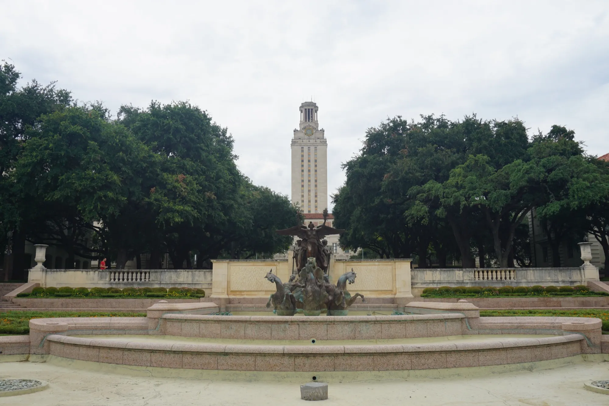 Littlefield Fountain and the Main Building tower at the University of Texas at Austin