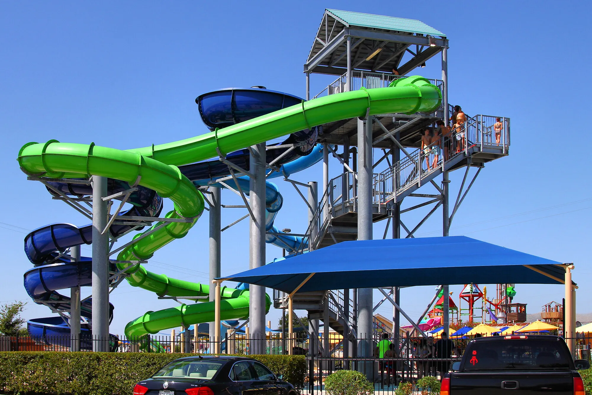 Green and blue water slides at Typhoon Texas in Pflugerville