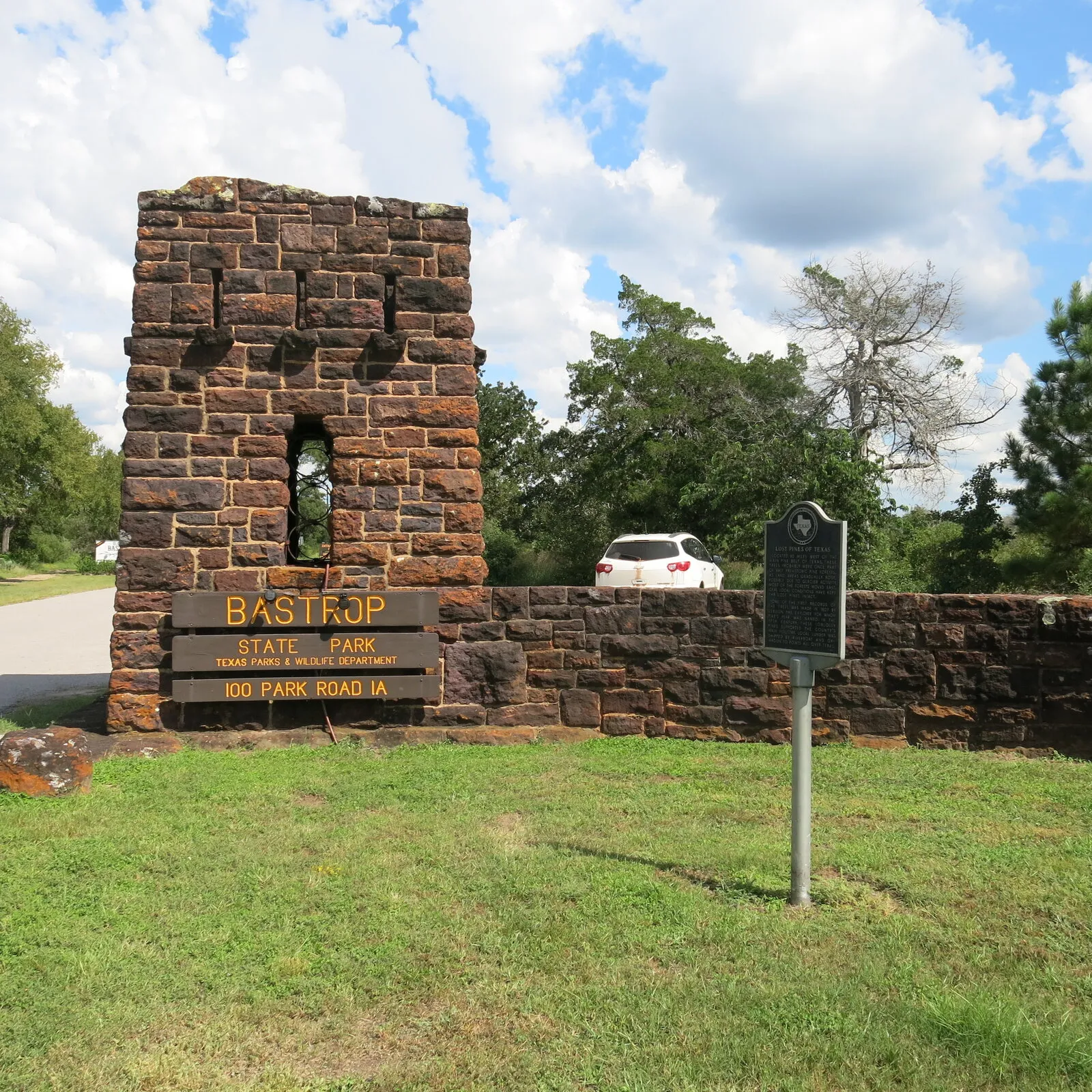 Stone entrance gate at Bastrop State Park