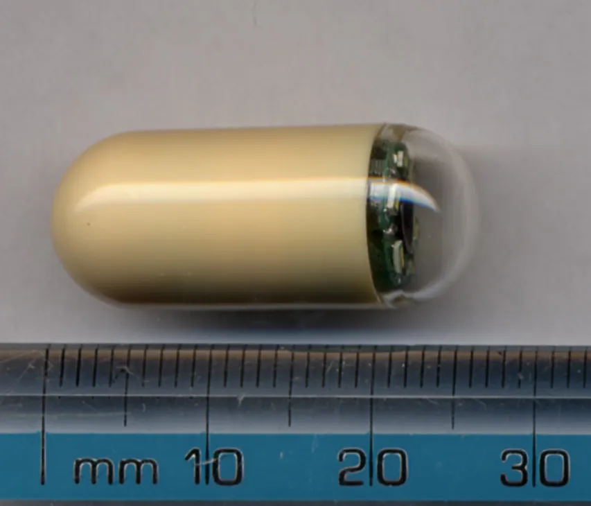 A capsule endoscope placed beside a metric ruler