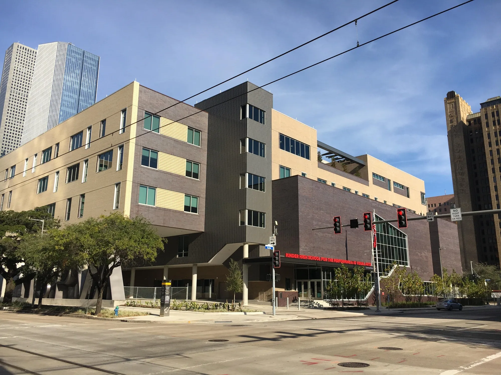 The multistory glass and brick Kinder High School for the Performing and Visual Arts in downtown Houston
