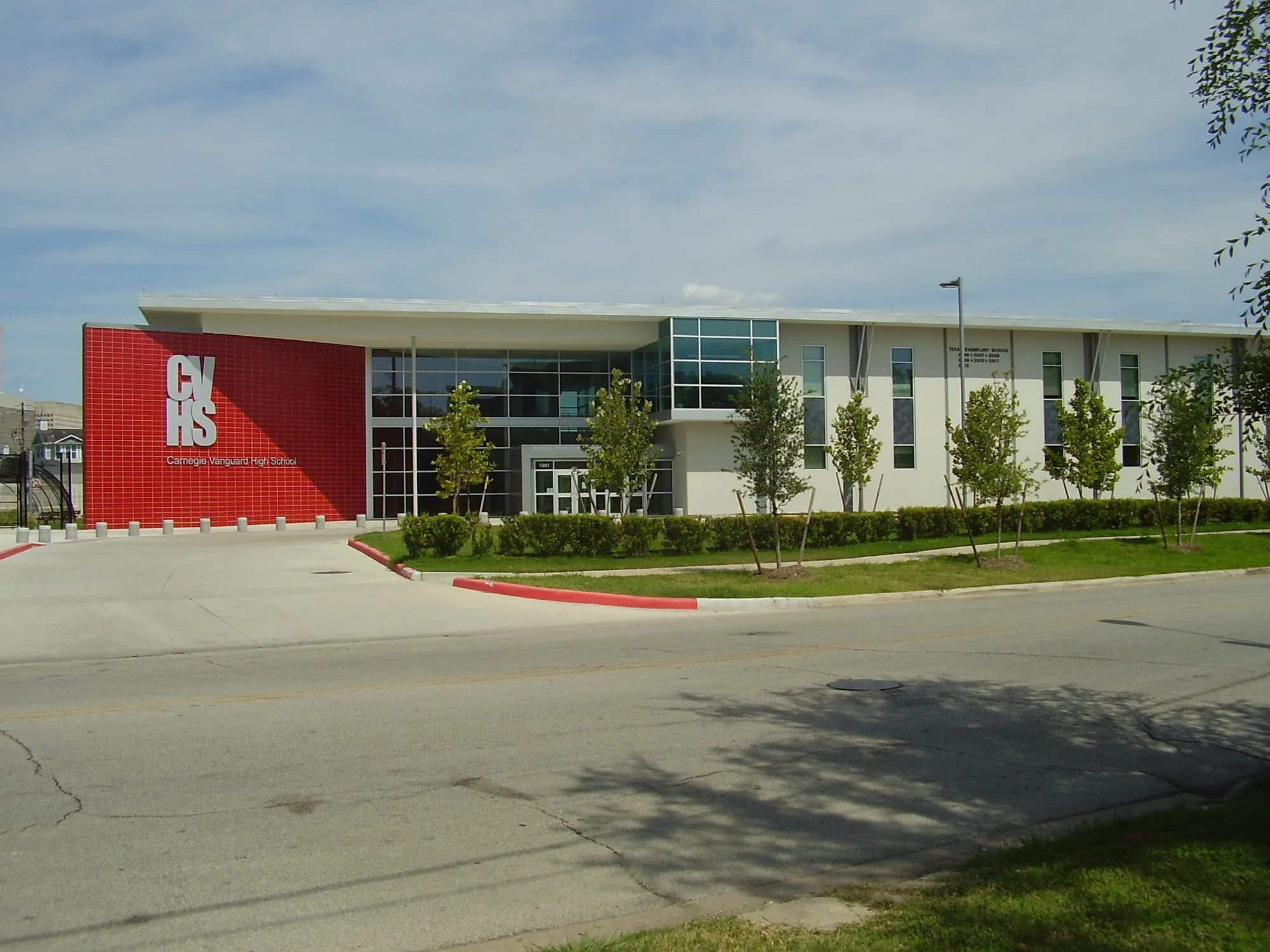 The modern brick, concrete and glass facade of Carnegie Vanguard High School in Houston
