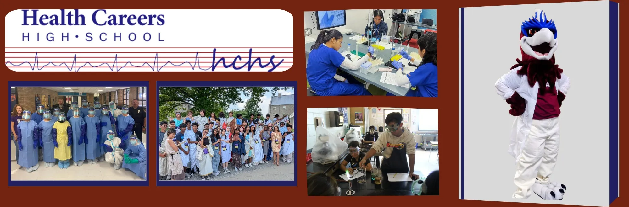 A collage of Health Careers High School students in medical protective gear, a laboratory and a school group