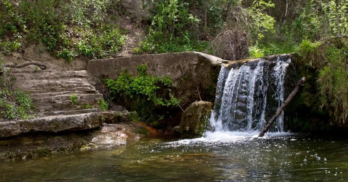 A small waterfall dropping beside stone steps into a pool at St. Edwards Park