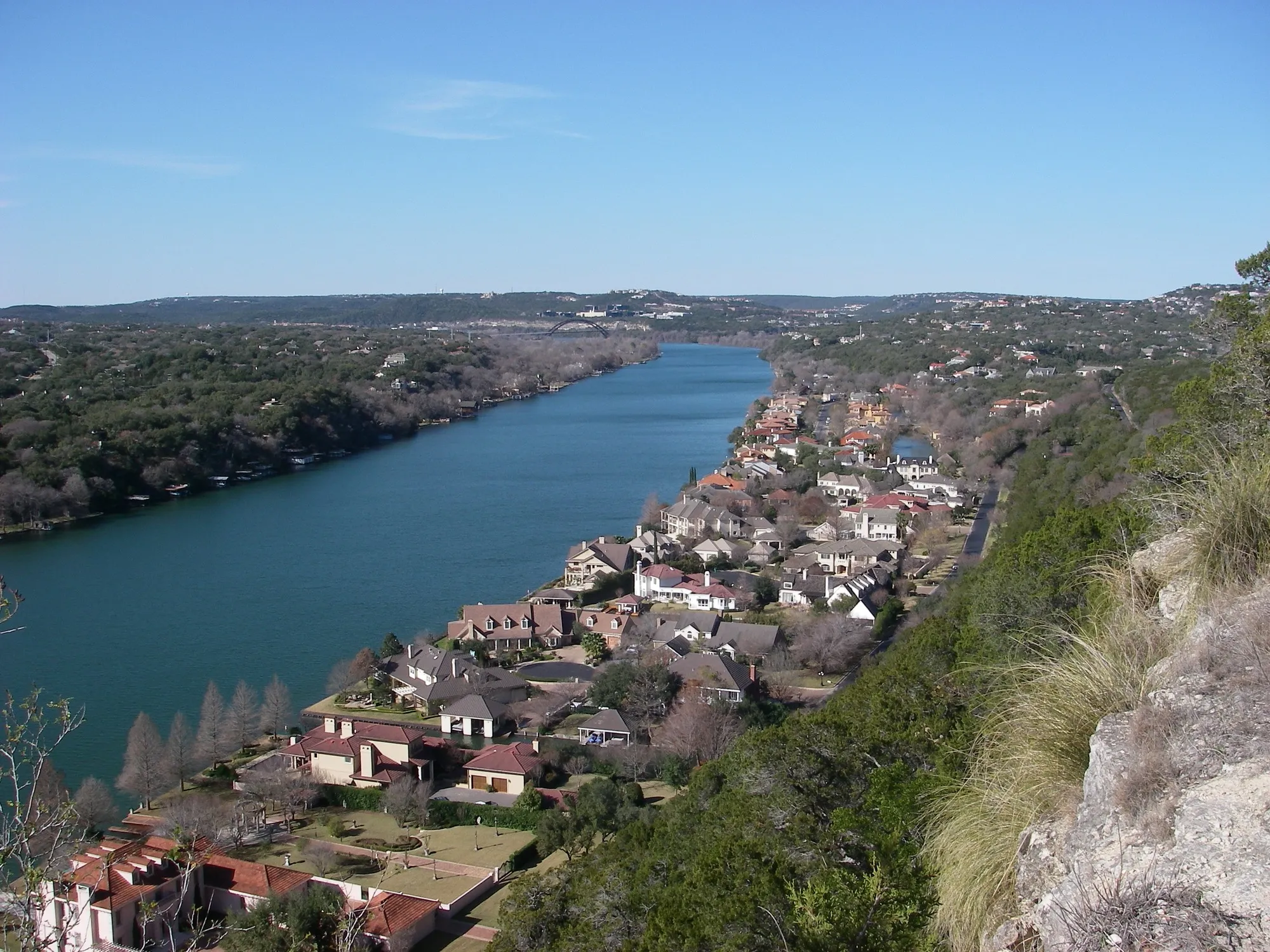 The view northwest from Mount Bonnell over Lake Austin and the surrounding hills