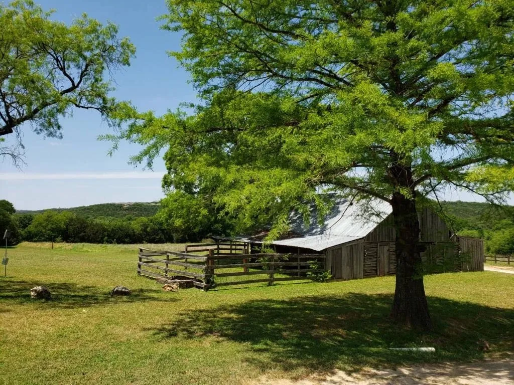 An old ranch barn and fenced meadow beneath a large tree at Commons Ford Ranch Metropolitan Park