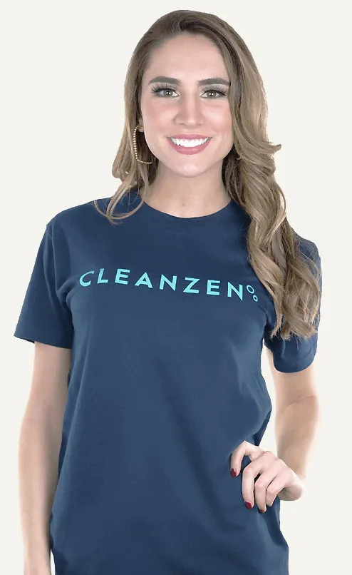 A staff member wearing a navy Cleanzen shirt against a light neutral background