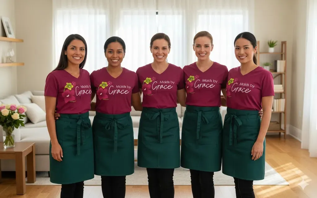 Five cleaners in matching Maids by Grace shirts and green aprons standing together