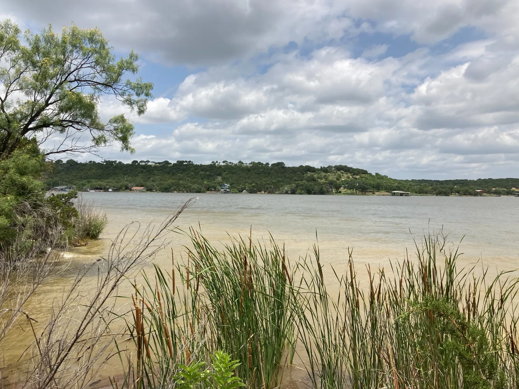 Aerial view of the Hell's Gate cliffs and blue water at Possum Kingdom Lake