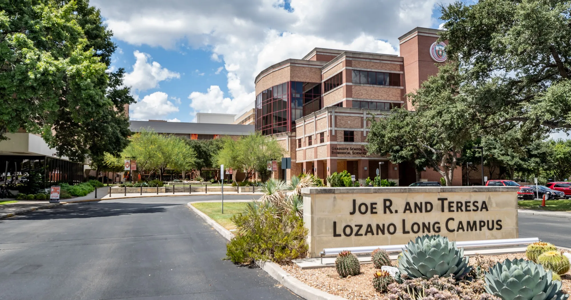 The brick entrance of the Joe R. and Teresa Lozano Long School of Medicine in San Antonio