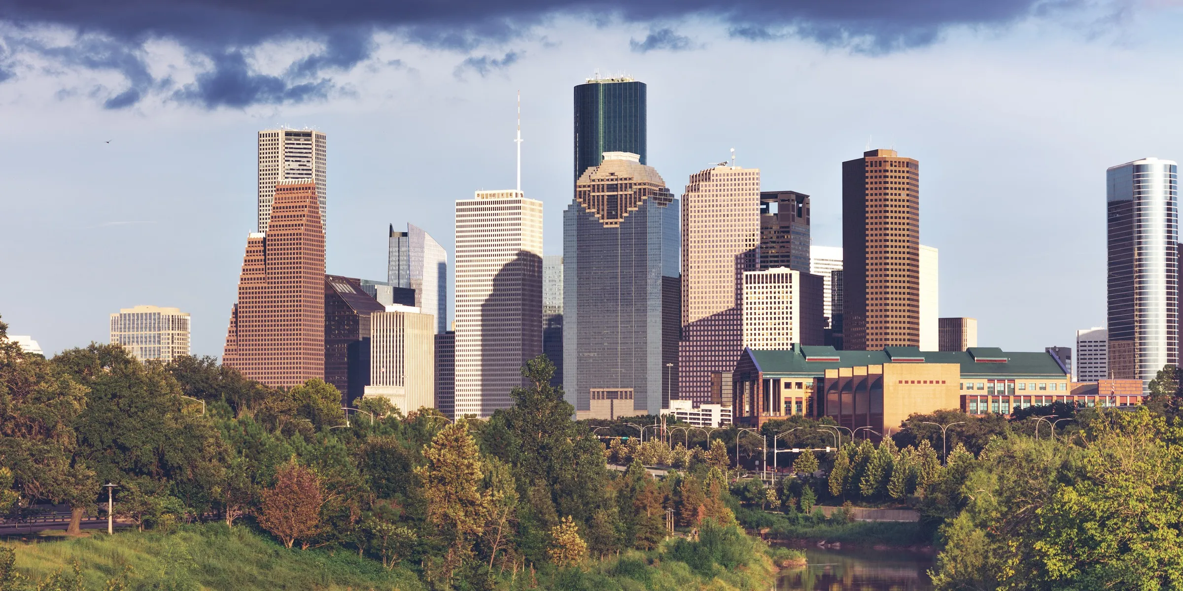 The downtown Houston skyline seen from the west across Buffalo Bayou