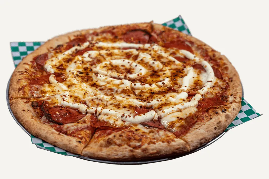 A Big Lou's specialty pizza topped with meat, cheese and a spiral of sauce