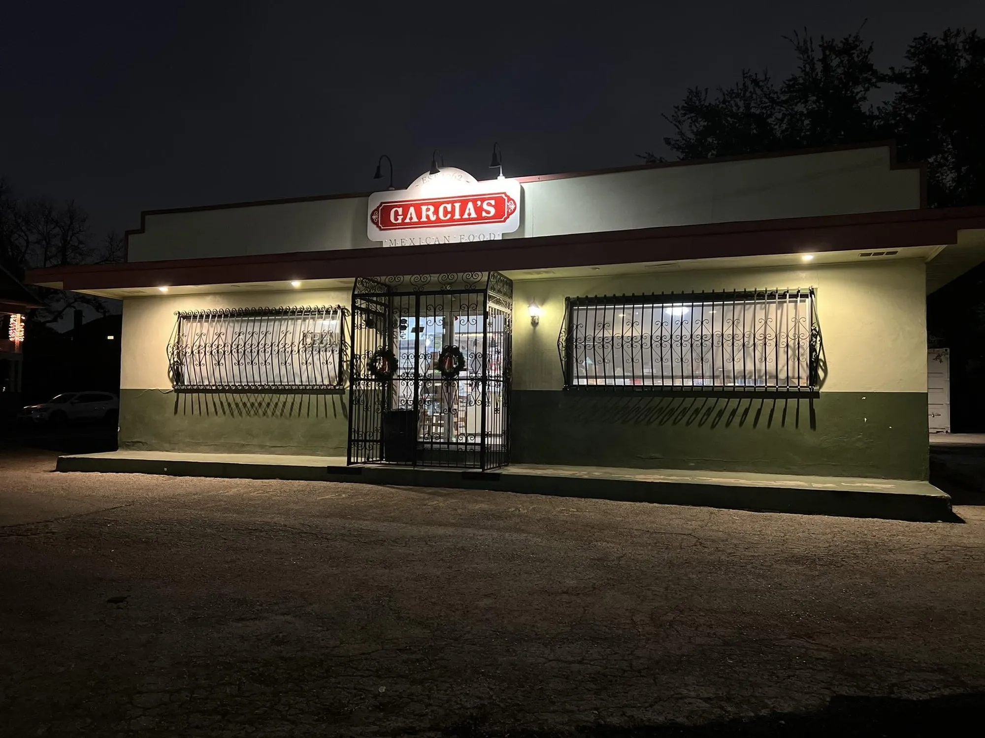 Garcia's Mexican Food storefront lit at night on Fredericksburg Road