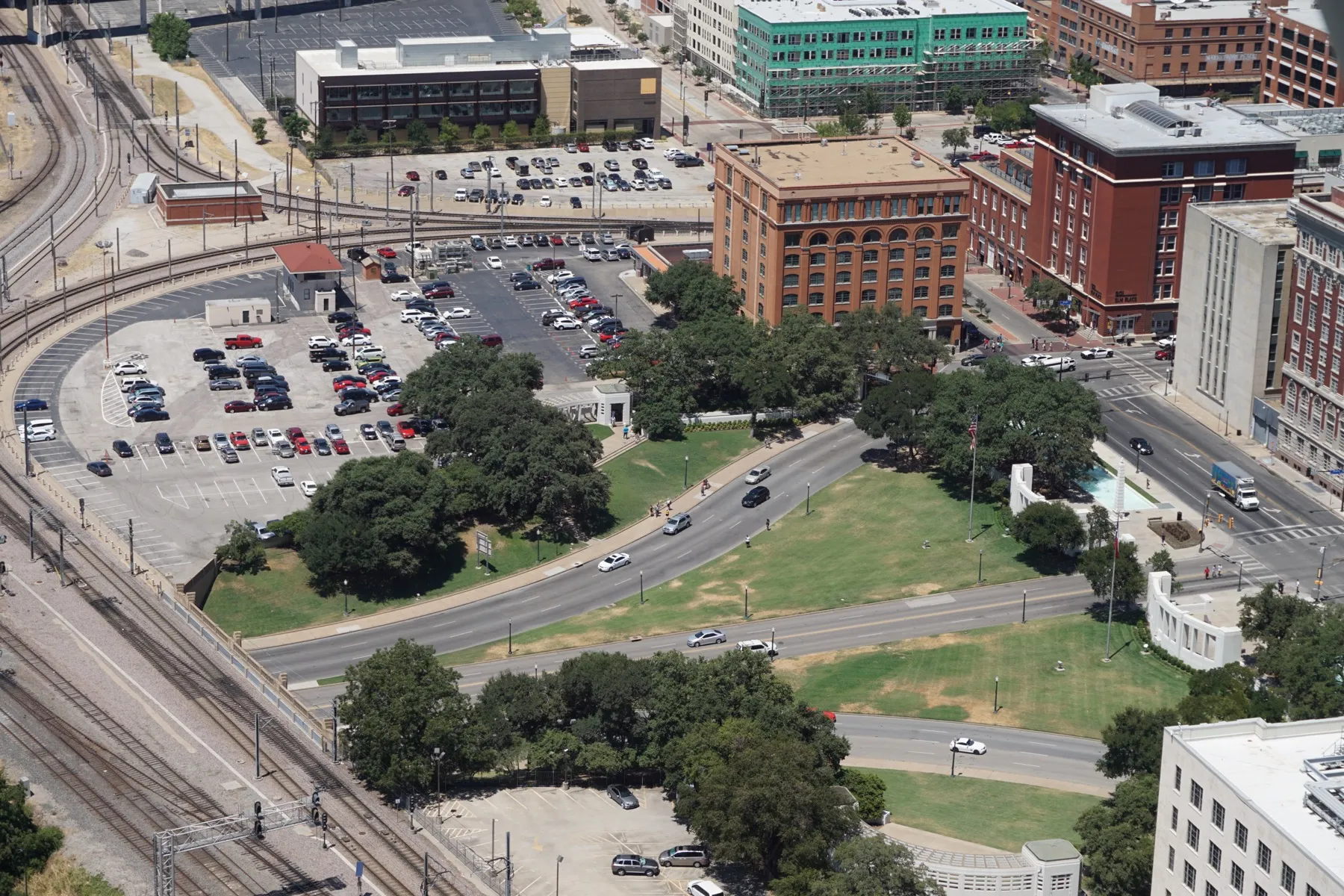 Dealey Plaza and the former Texas School Book Depository seen from above at Reunion Tower