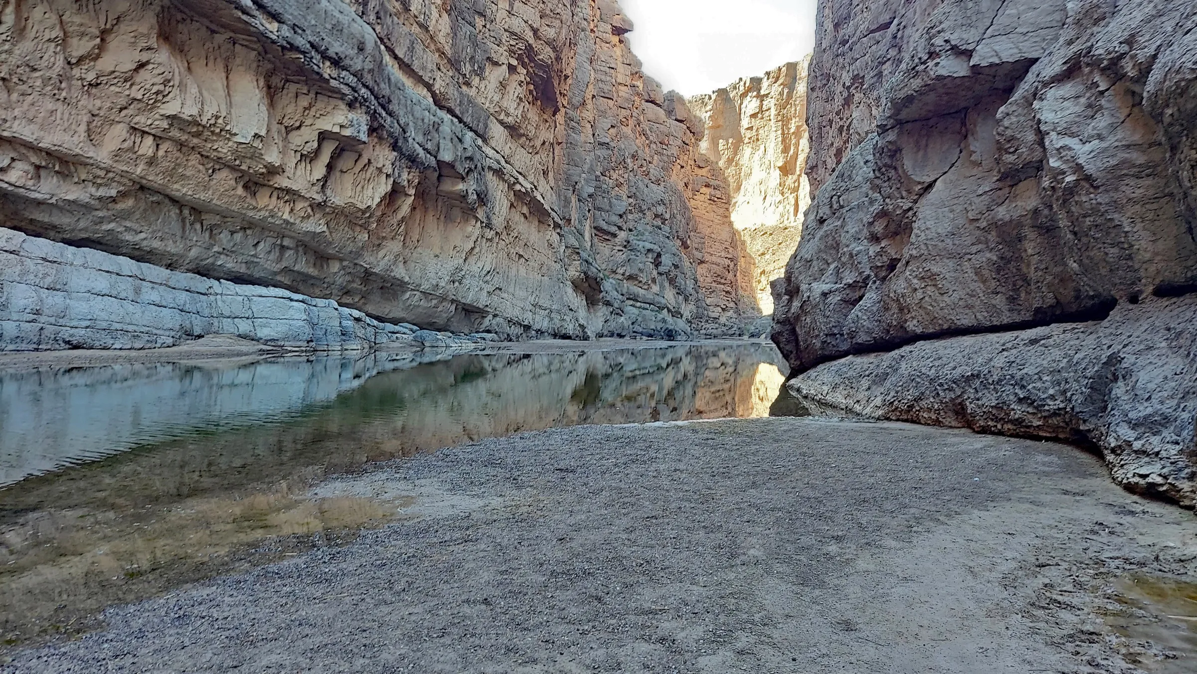 The Rio Grande running between sheer limestone walls at the end of the Santa Elena Canyon Trail in Big Bend National Park