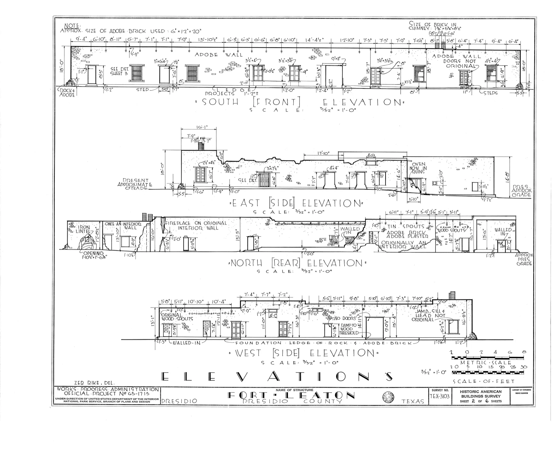 Historic American Buildings Survey drawing of Fort Leaton's four exterior elevations