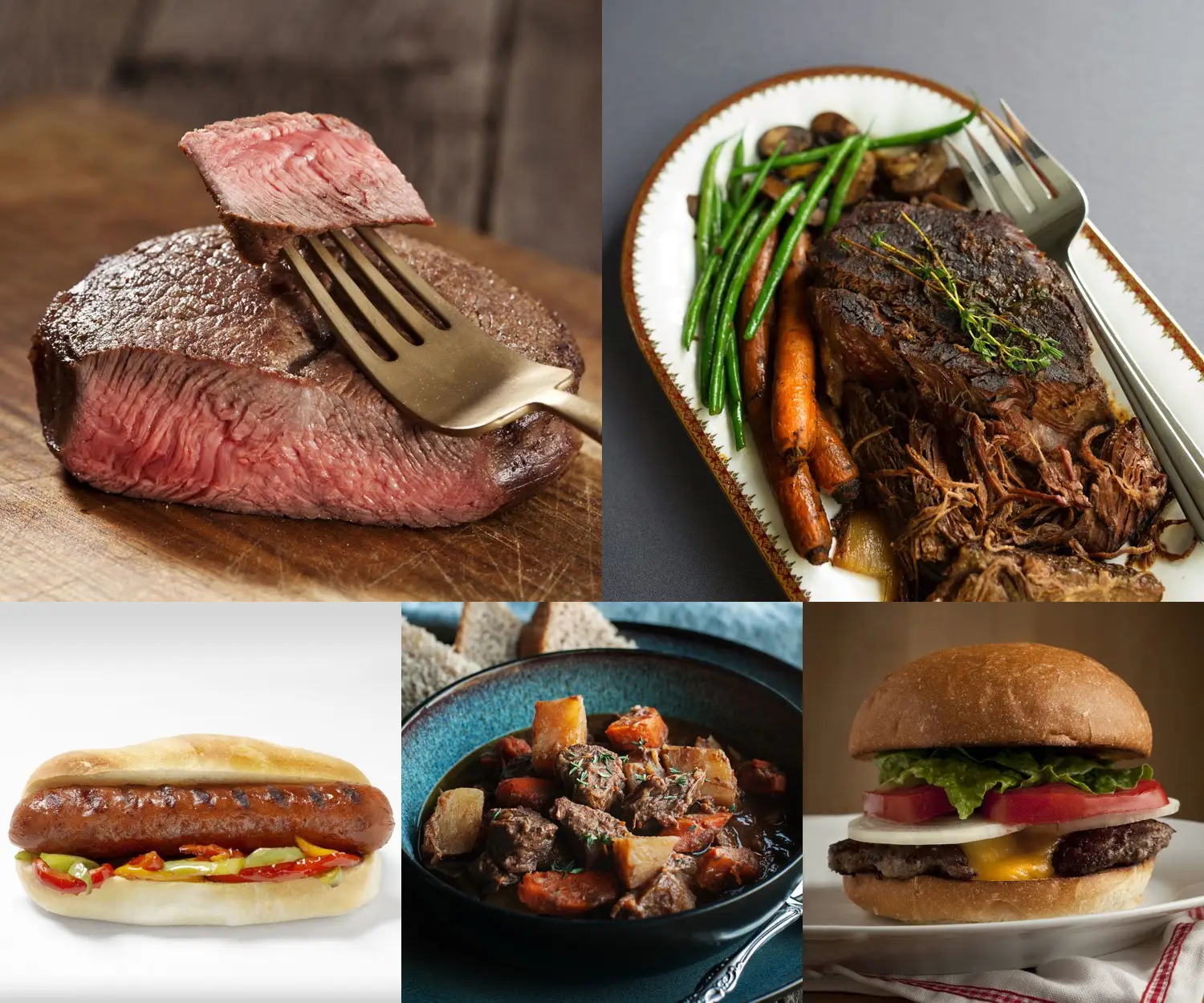 A collage of cooked steak, pot roast, a frankfurter, beef stew and a burger