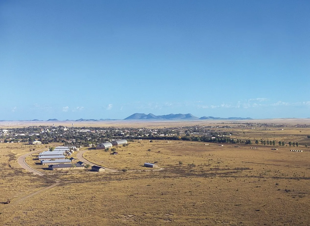 Aerial view of the Chinati Foundation grounds and the land around Marfa