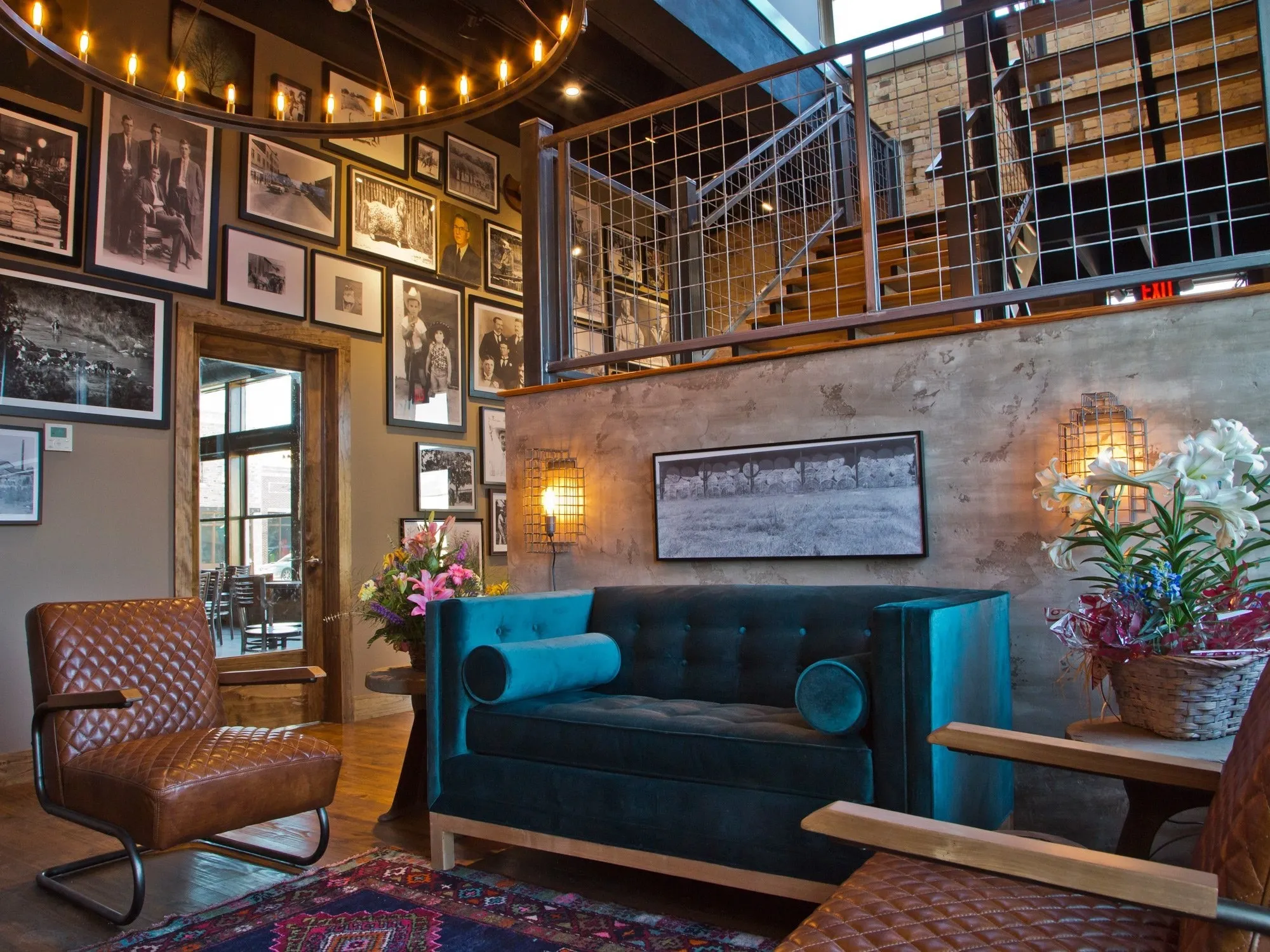 Seating area and staircase inside the Dofflemyer Hotel