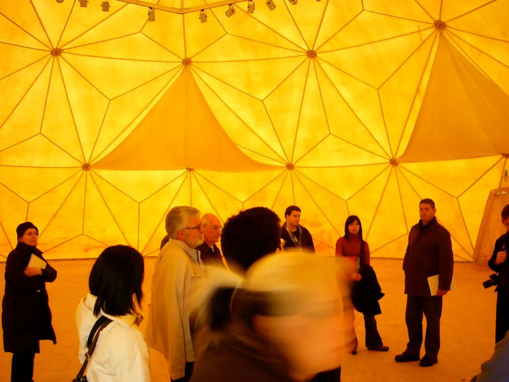 A tent-style geodesic dome with a triangular frame