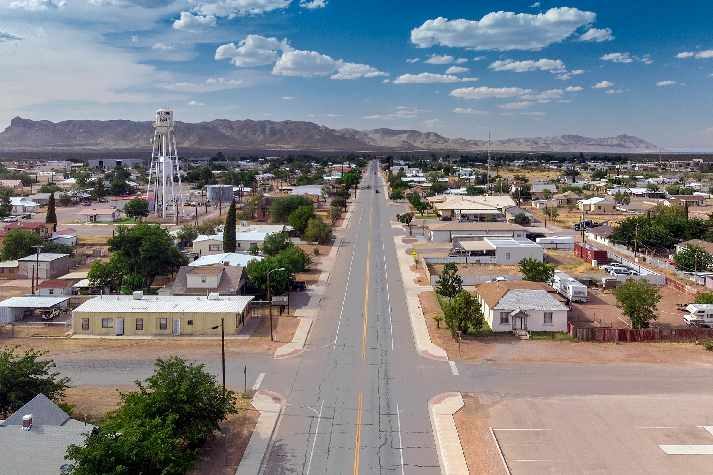 The wide main street running through Van Horn in far West Texas