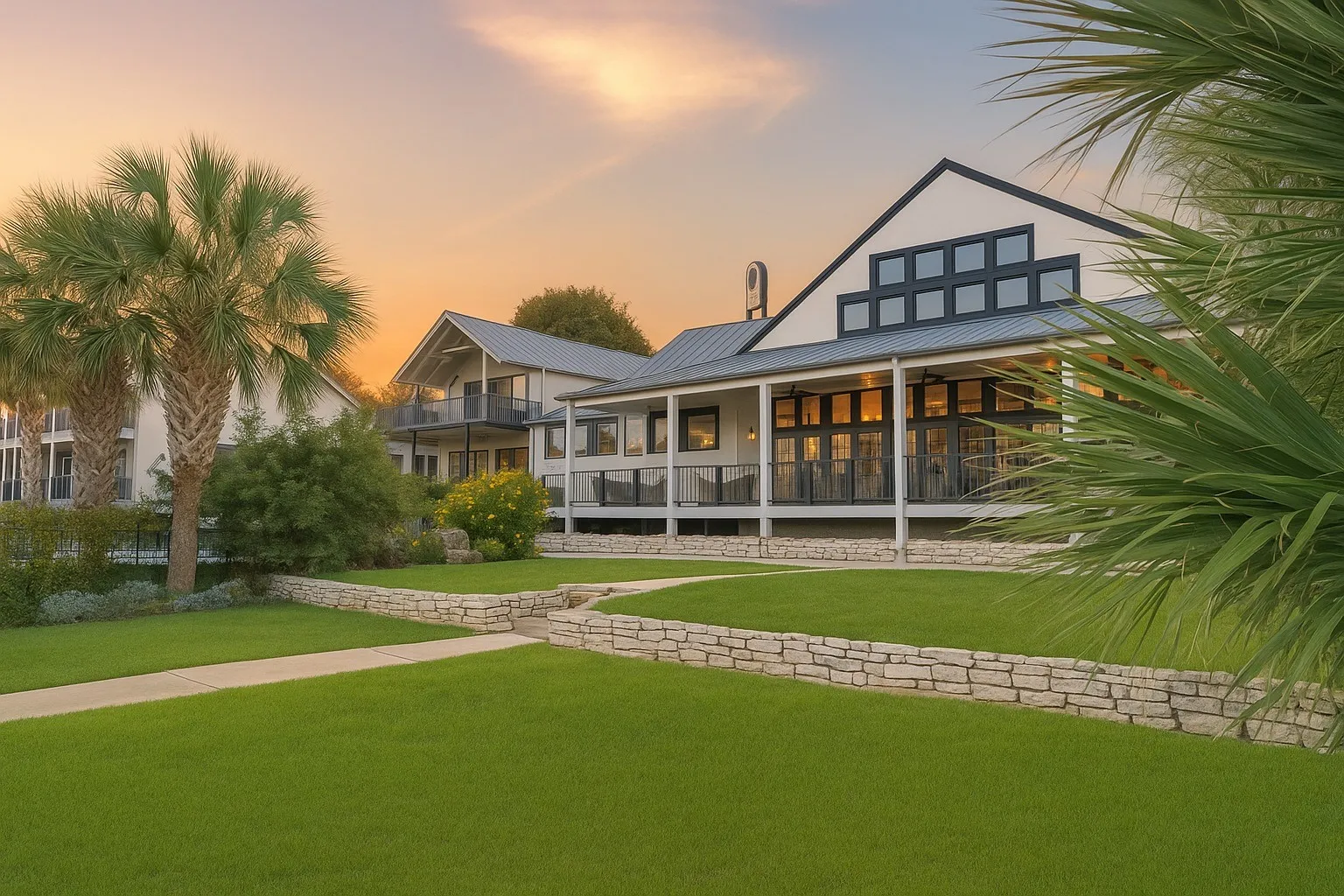 Hillside Boutique Hotel buildings and lawn at sunset