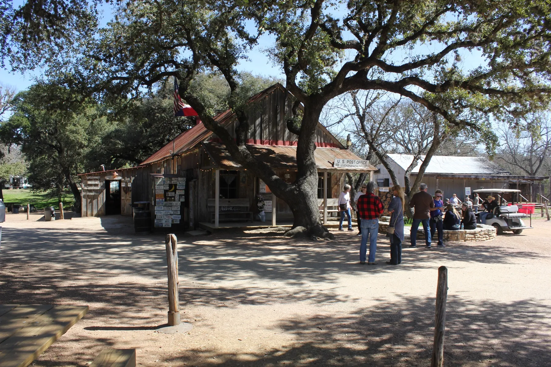 The weathered wooden post office and general store at Luckenbach, Texas