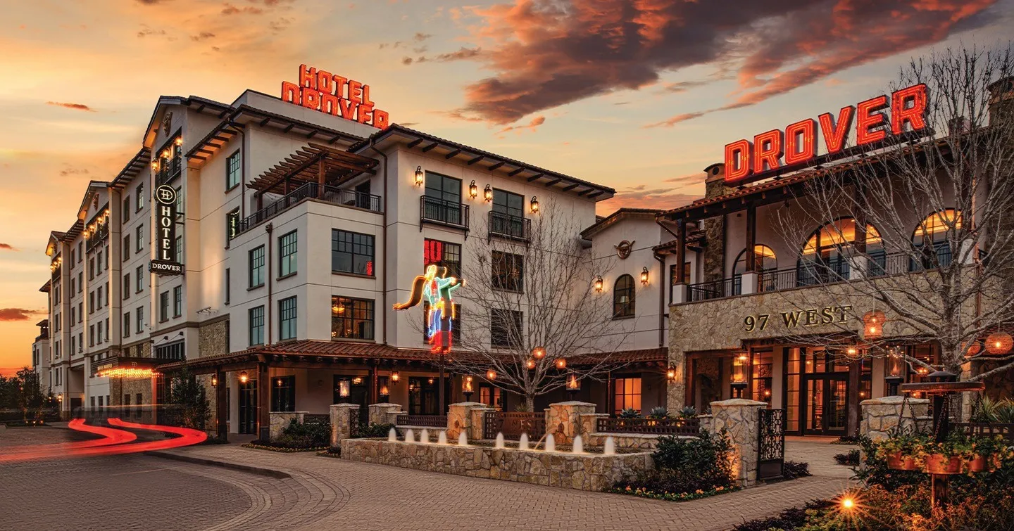 Hotel Drover exterior and entrance at sunset in Fort Worth
