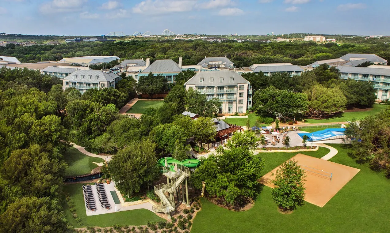 Aerial view of the pools and grounds at Hyatt Regency Hill Country Resort