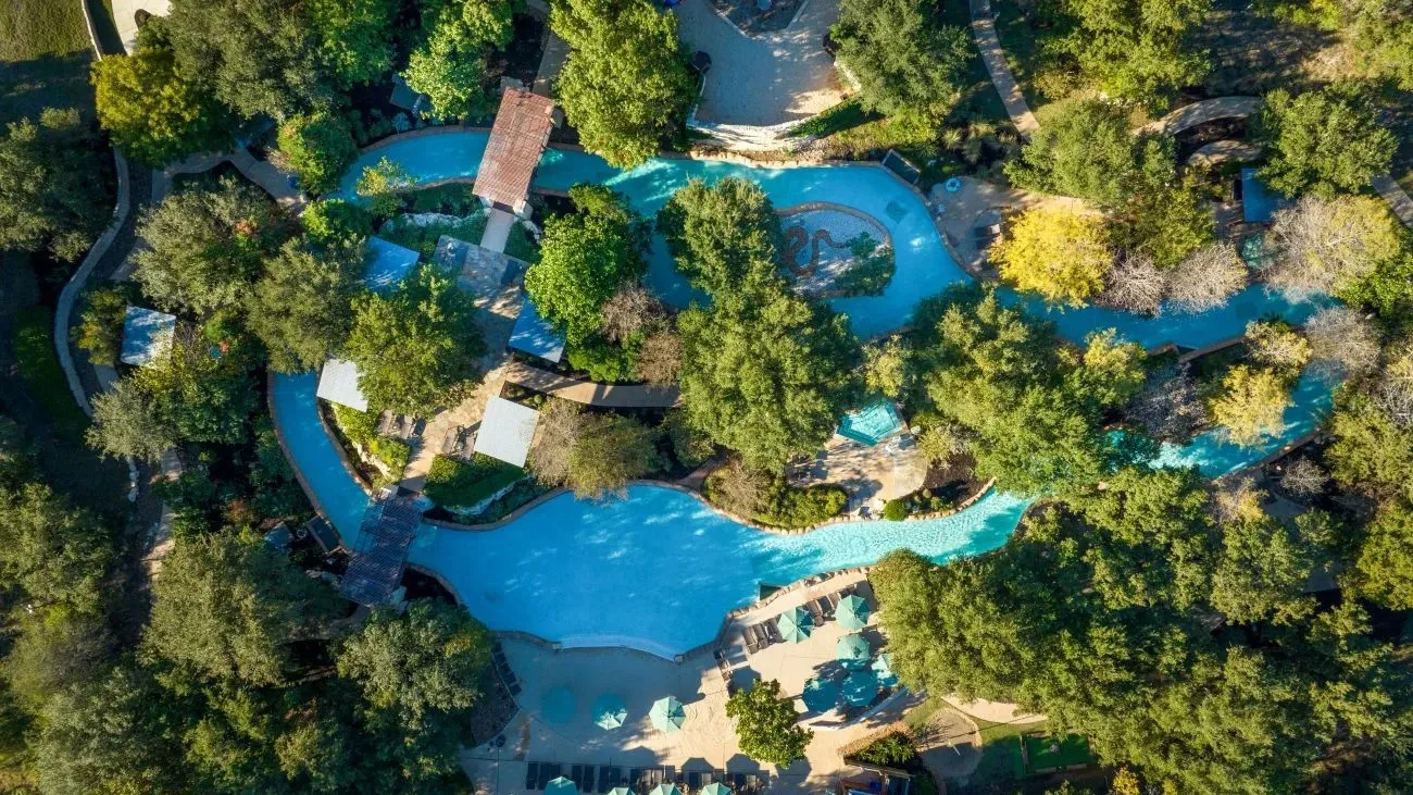 Aerial view of the winding lazy river at Hyatt Vacation Club at Wild Oak Ranch