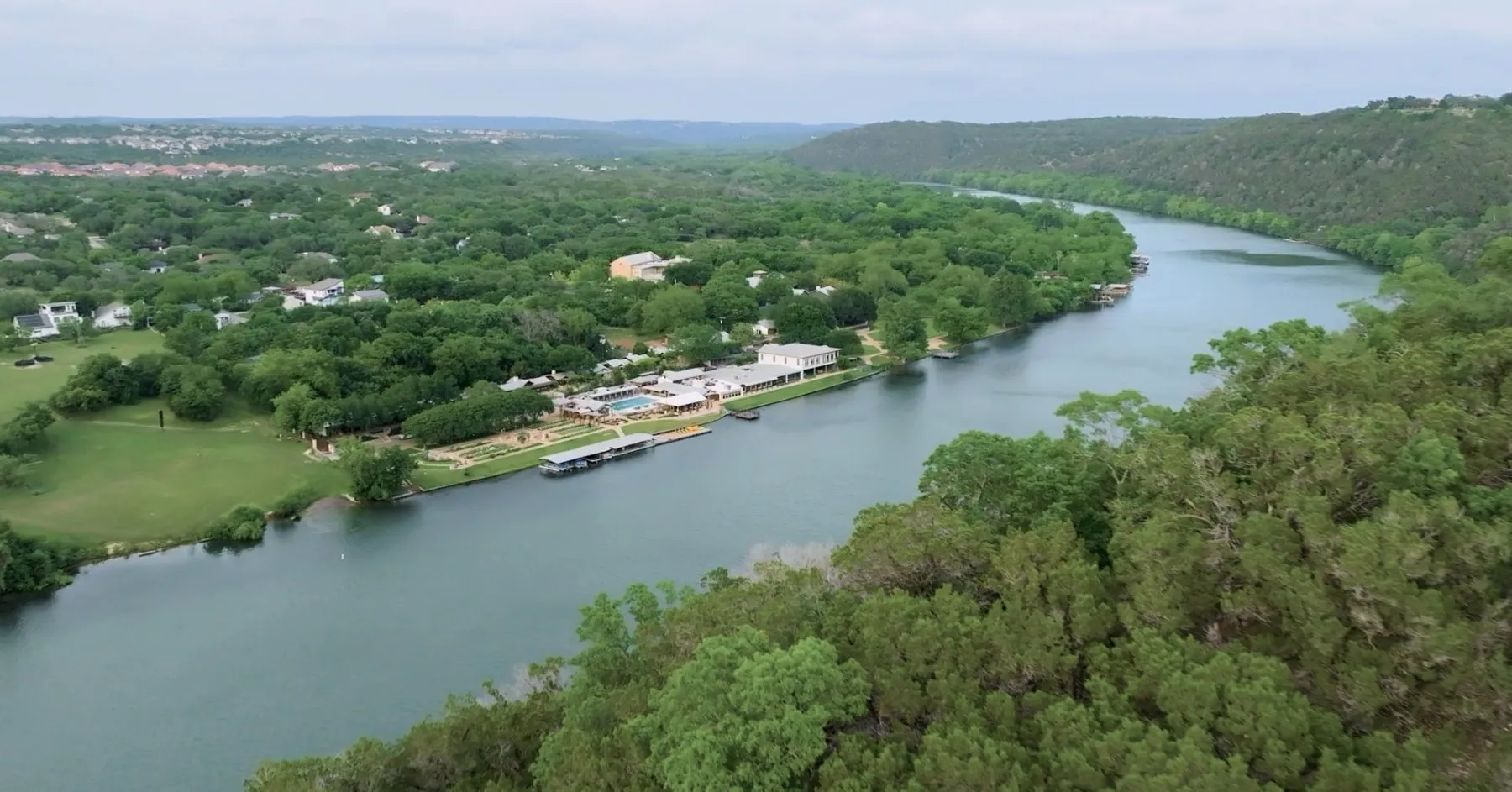 Aerial view of Lake Austin Spa Resort beside the lake