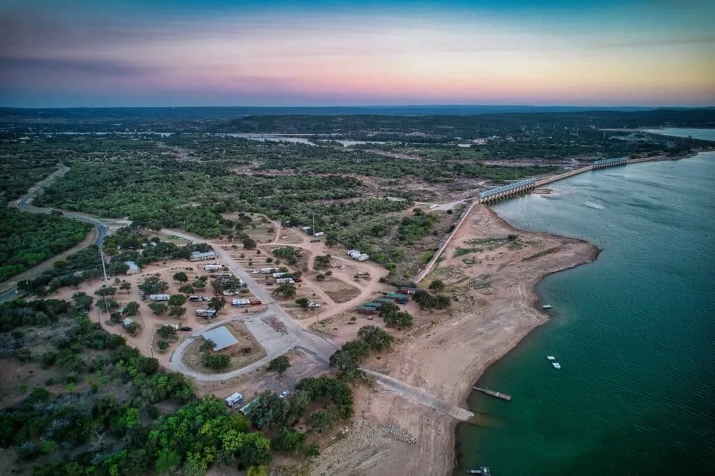 Aerial view of Lake Buchanan RV and Cabin Resort beside the lake