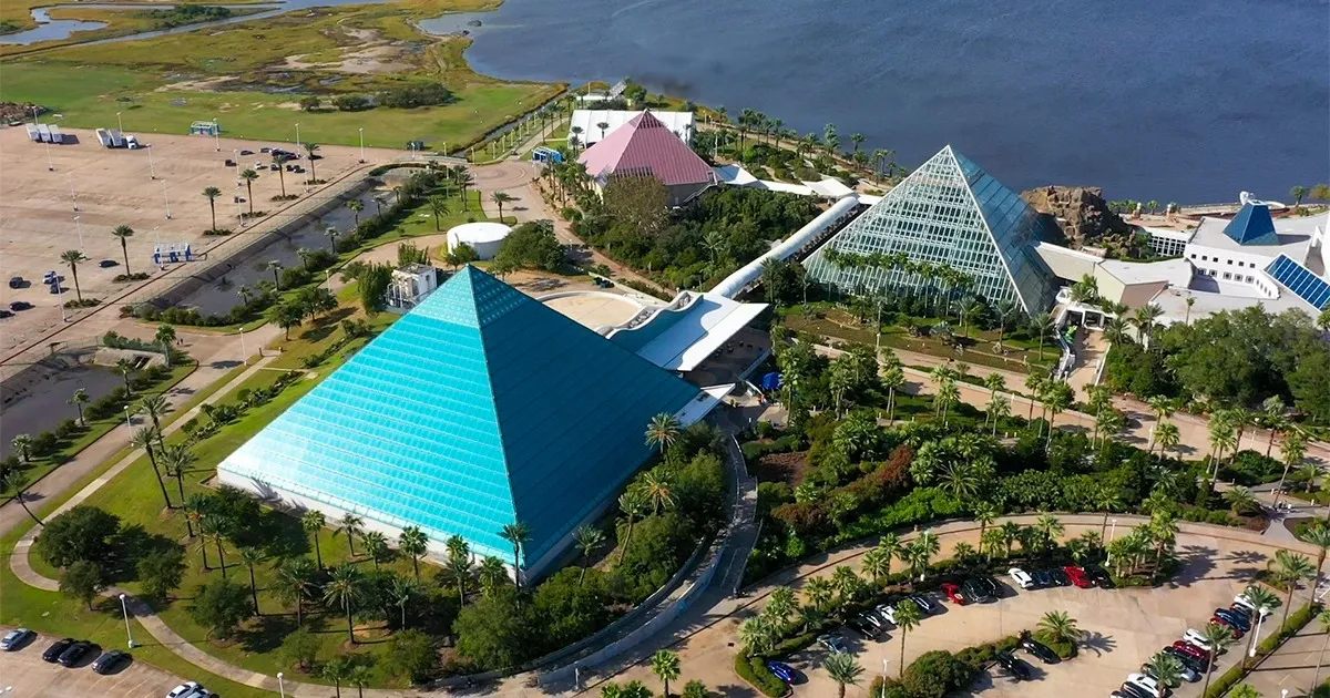 The glass pyramids and grounds at Moody Gardens