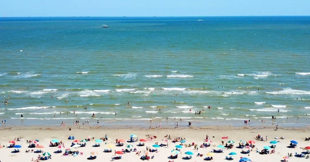 An aerial view of Stewart Beach in Galveston