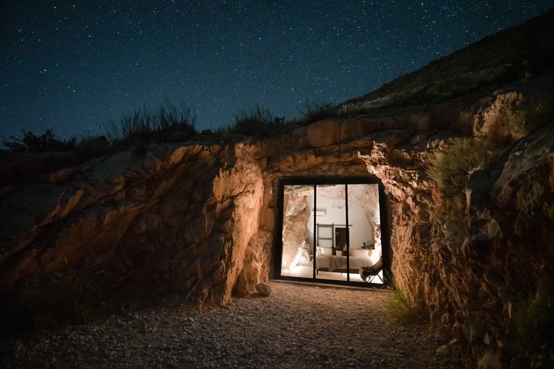 A cave suite at The Summit at Big Bend after dark