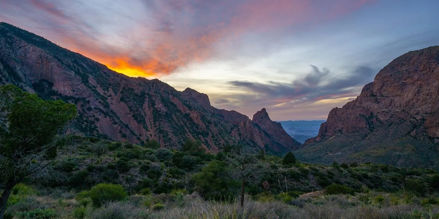 The Chisos Basin at sunset in Big Bend National Park
