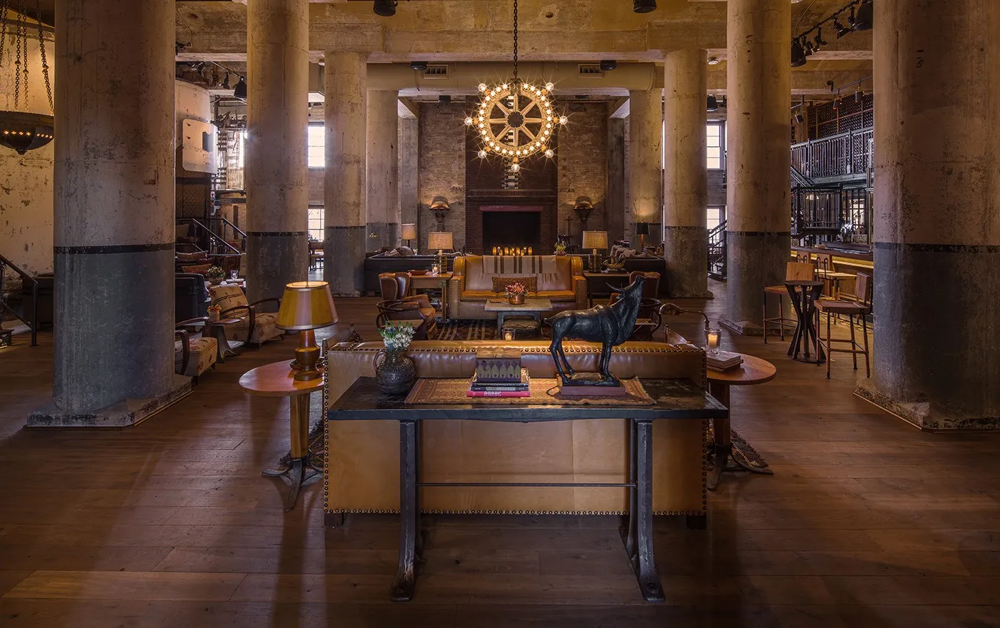 Sofas, wood beams and bar seating at Sternewirth in Hotel Emma