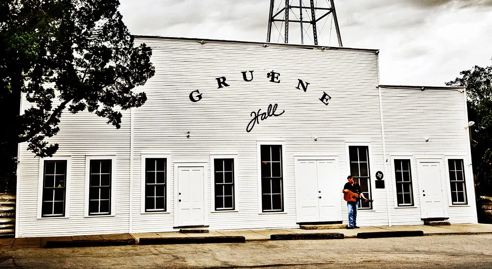 The white wooden front of Gruene Hall