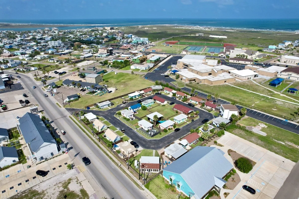 An aerial view of Spanish Village in Old Town Port Aransas