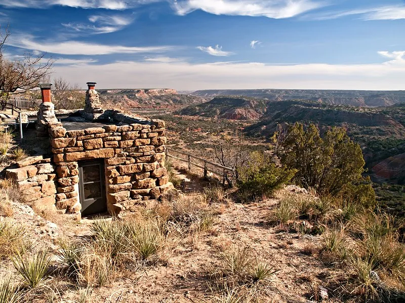 Stone cabin beside the rim of Palo Duro Canyon