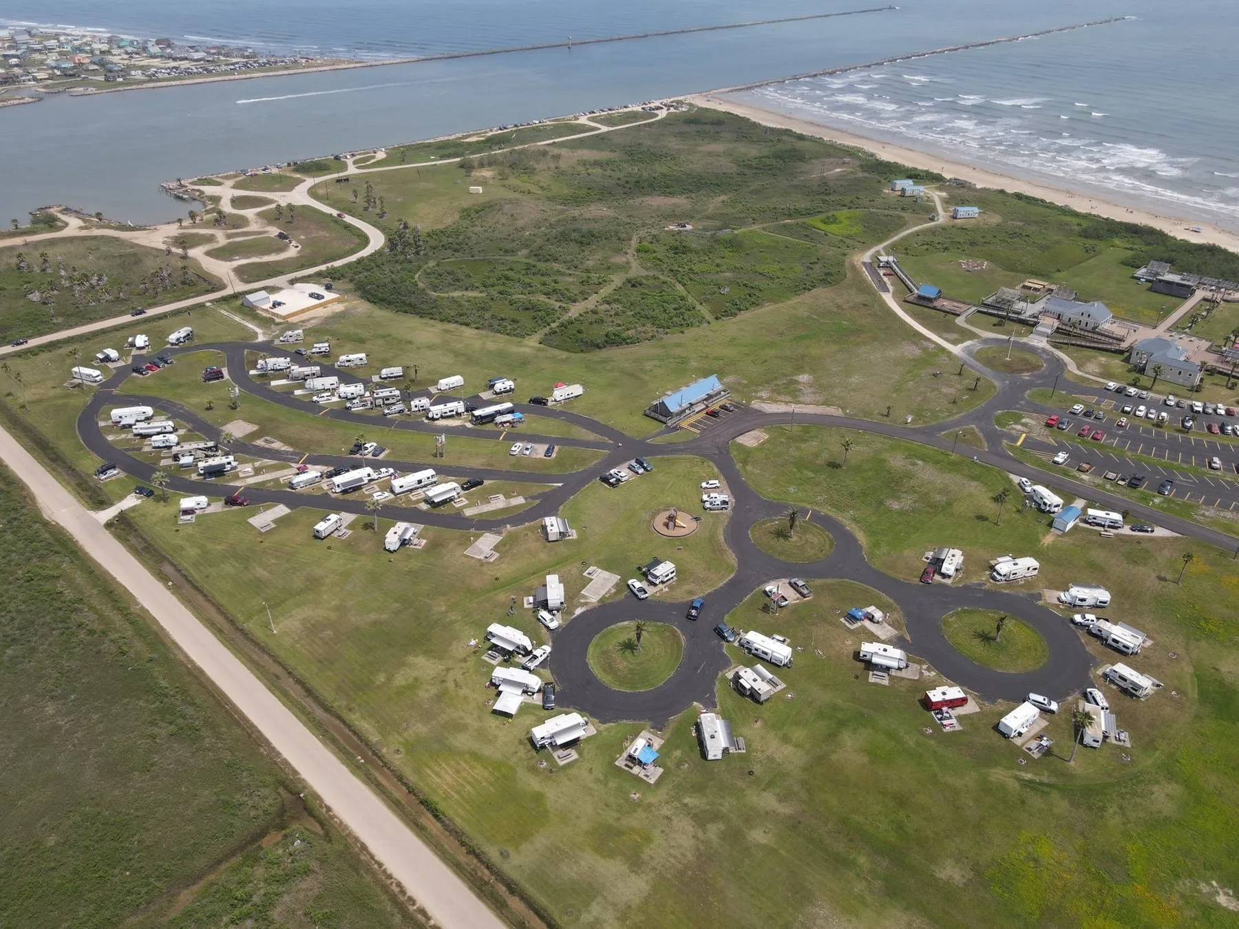 Aerial view of the campground and Gulf shoreline at Quintana Beach County Park