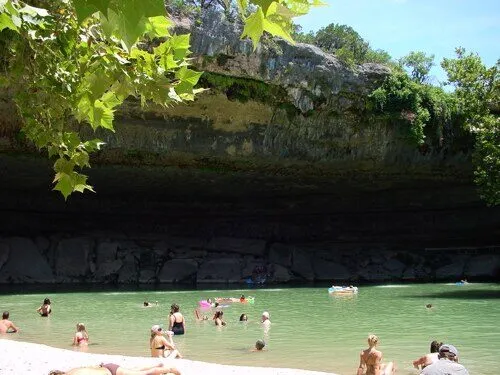Hamilton Pool's limestone grotto and green water surrounded by trees